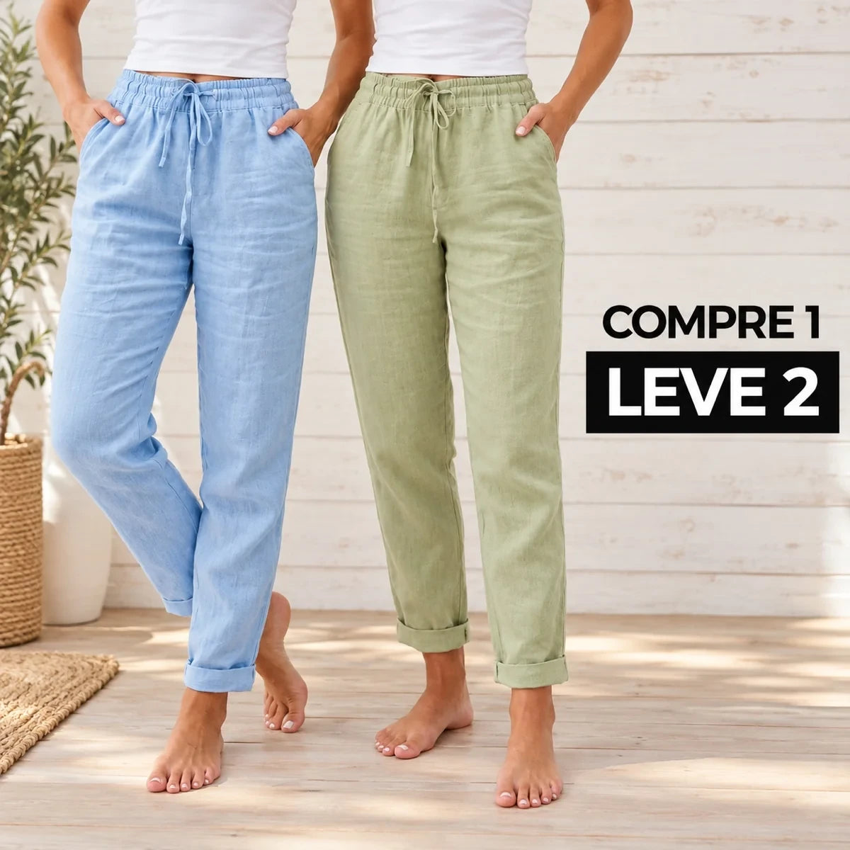 (Compre 1 Leve 2) Calça Cagliari em Linho de Algodão e Cós Ajustável