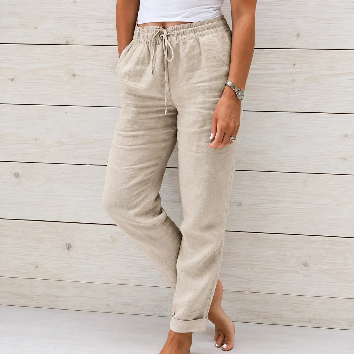 (Compre 1 Leve 2) Calça Cagliari em Linho de Algodão e Cós Ajustável