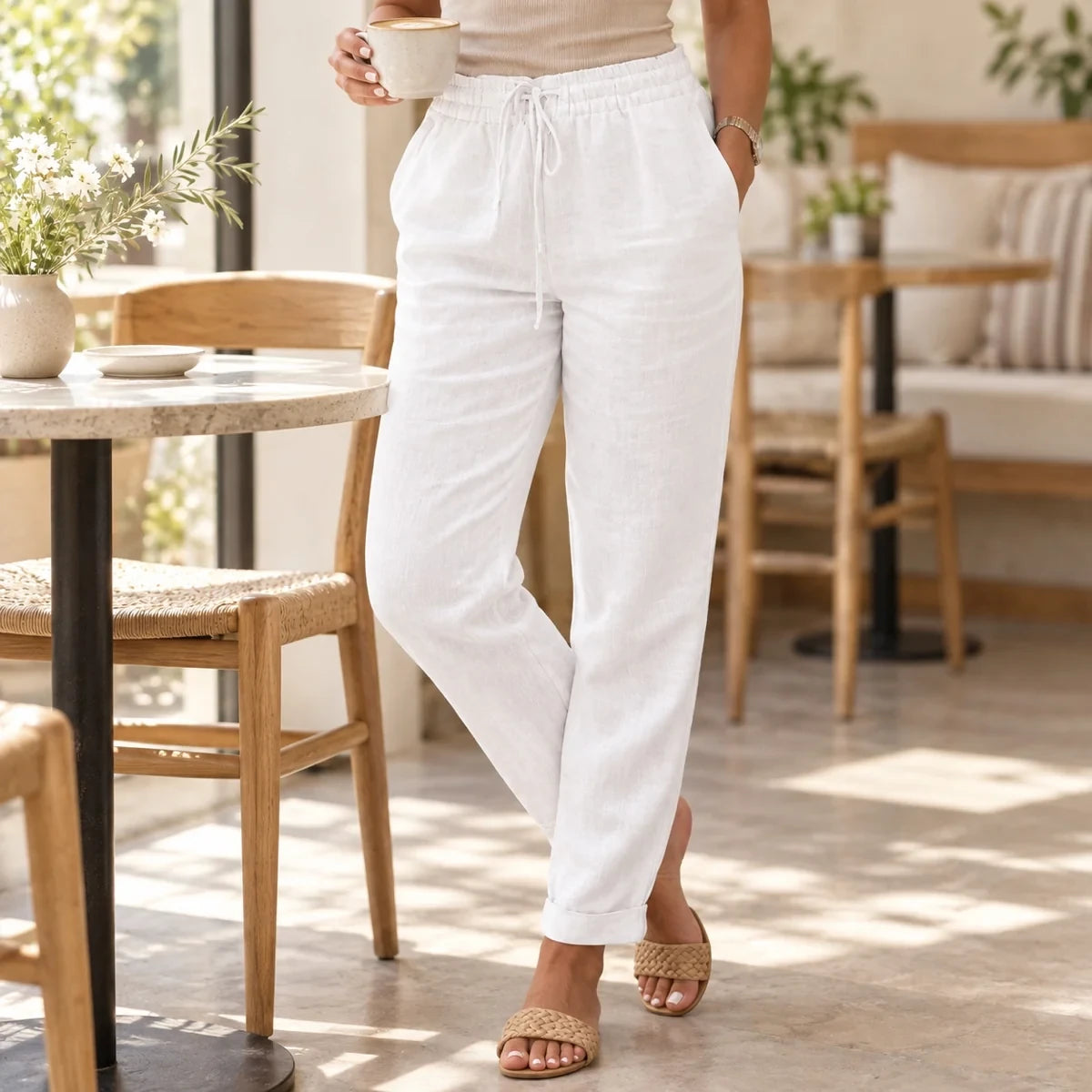 (Compre 1 Leve 2) Calça Cagliari em Linho de Algodão e Cós Ajustável
