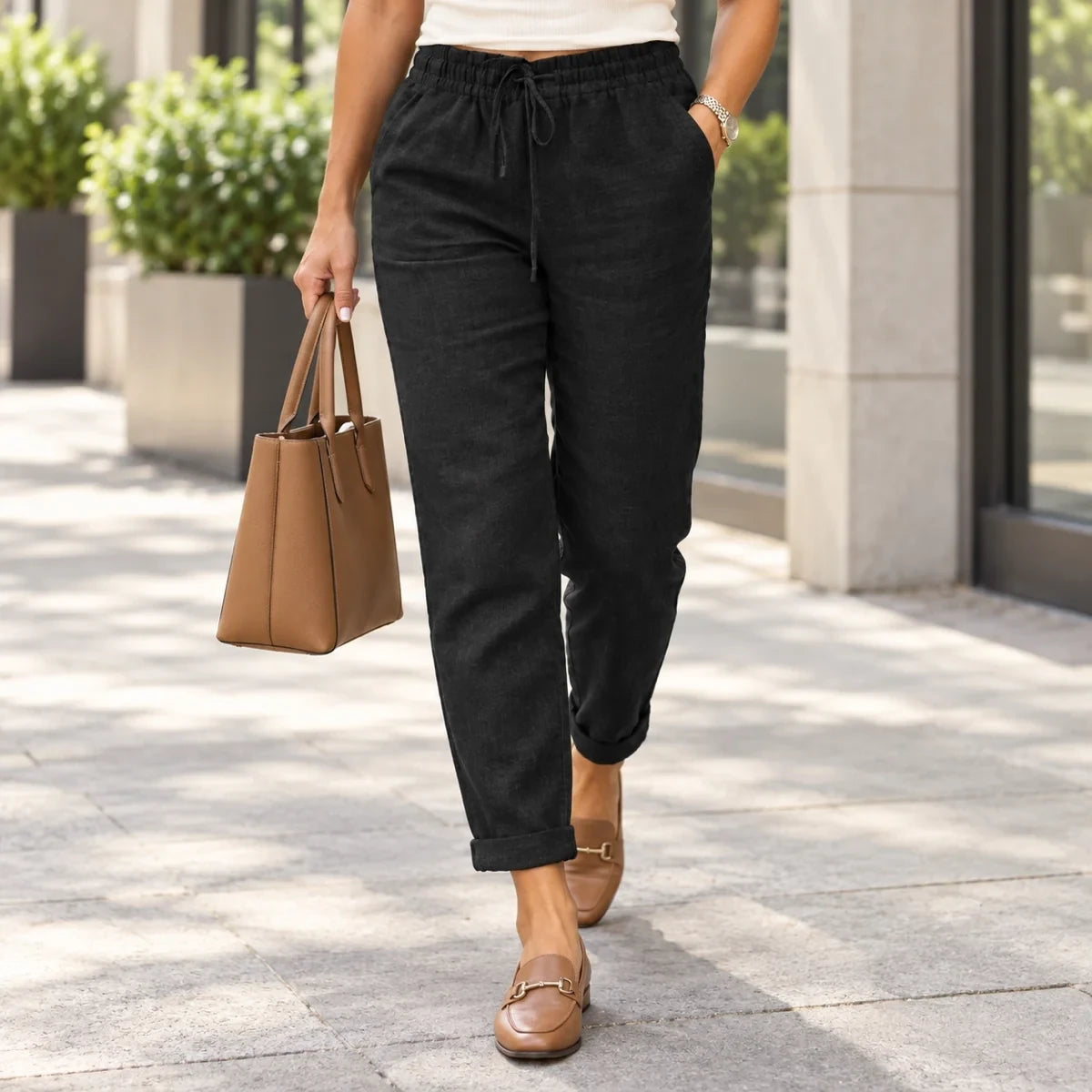 (Compre 1 Leve 2) Calça Cagliari em Linho de Algodão e Cós Ajustável