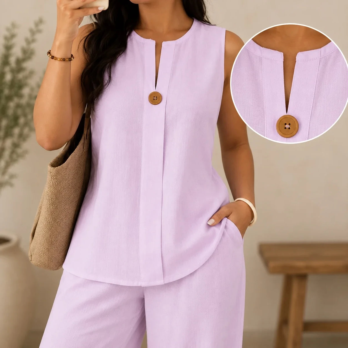 Conjunto Lucienne™ Blusa com Decote de Abertura Frontal e Calça Pantalona