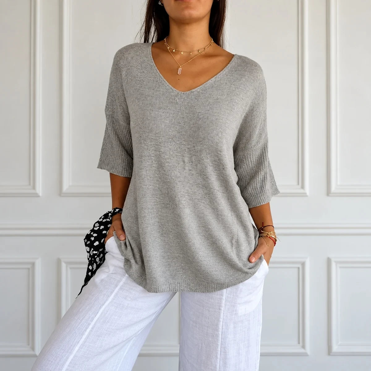 Kit 3 Blusas Luna em Malha Leve Decote V