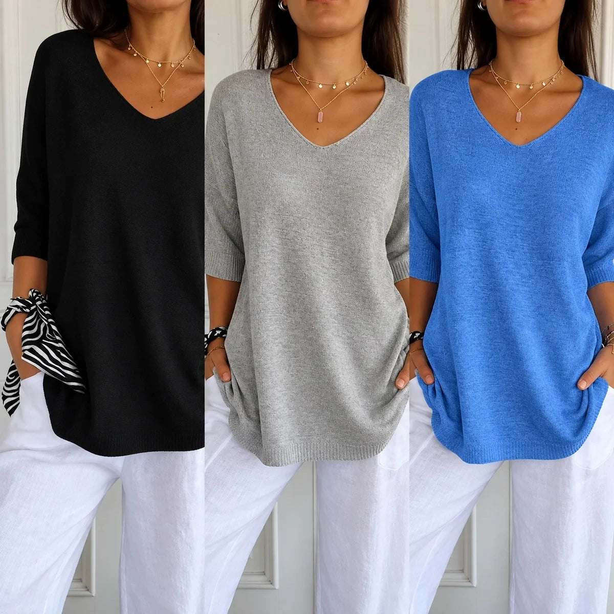 Kit 3 Blusas Luna em Malha Leve Decote V