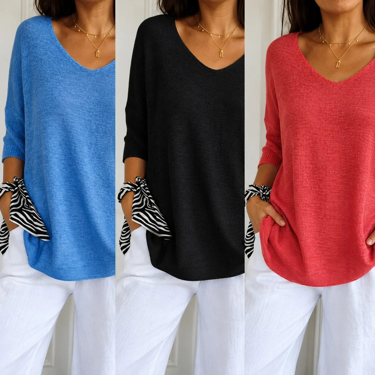Kit 3 Blusas Luna em Malha Leve Decote V