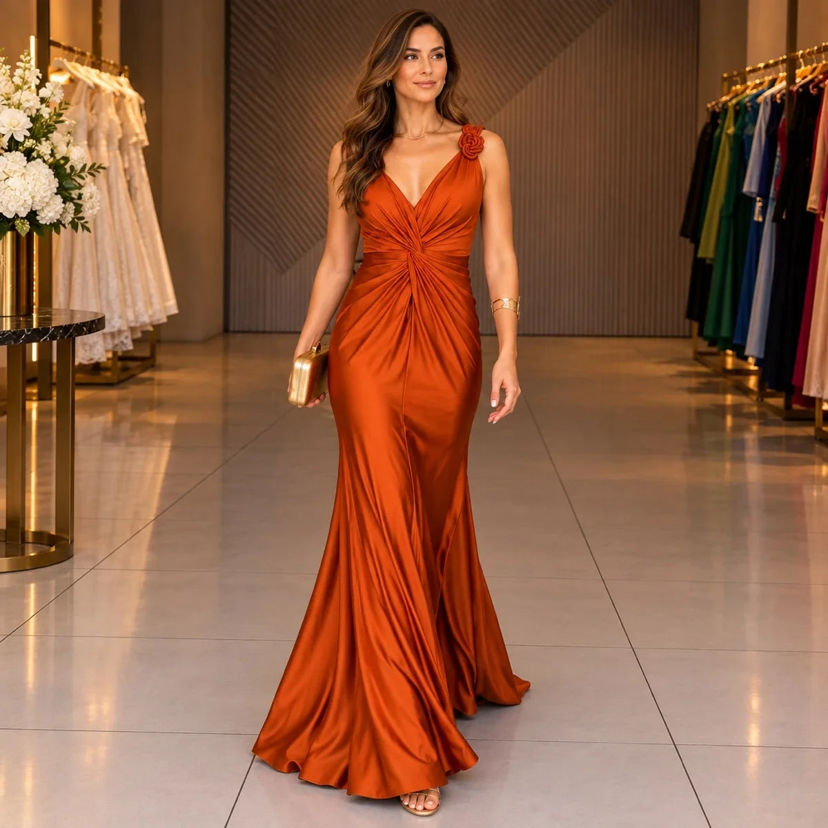 Vestido Celianne com Decote V e Drapeado Frontal