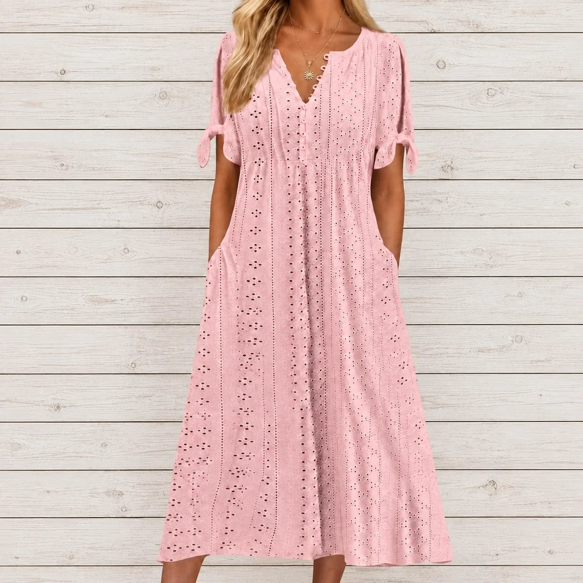 Vestido de Renda Jana - Gola em V de Manga Curta (Verão 2026)