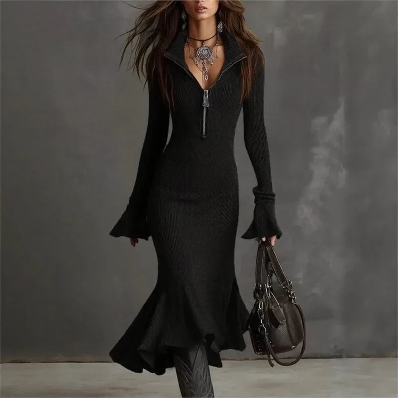 Vestido Evora Luxe Em Malha Canelada Com Zíper Frontal e Barra Sereia