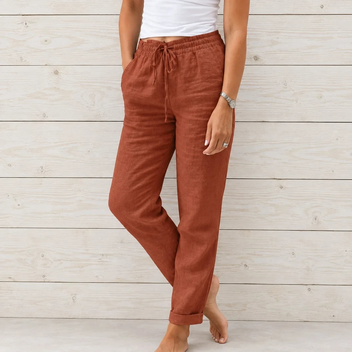 (Compre 1 Leve 2) Calça Cagliari em Linho de Algodão e Cós Ajustável