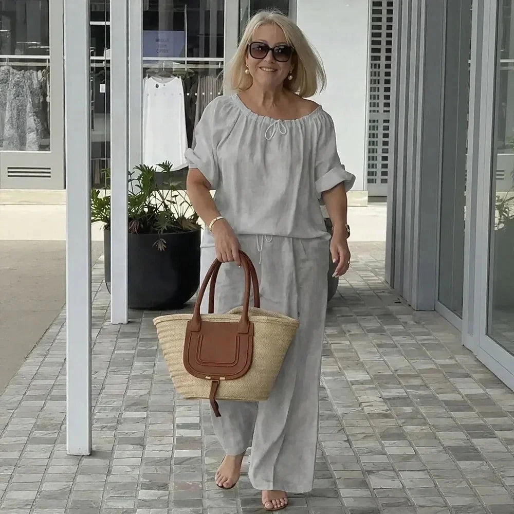 Conjunto Céliane Feminino em Linho de Algodão com Blusa e Calça