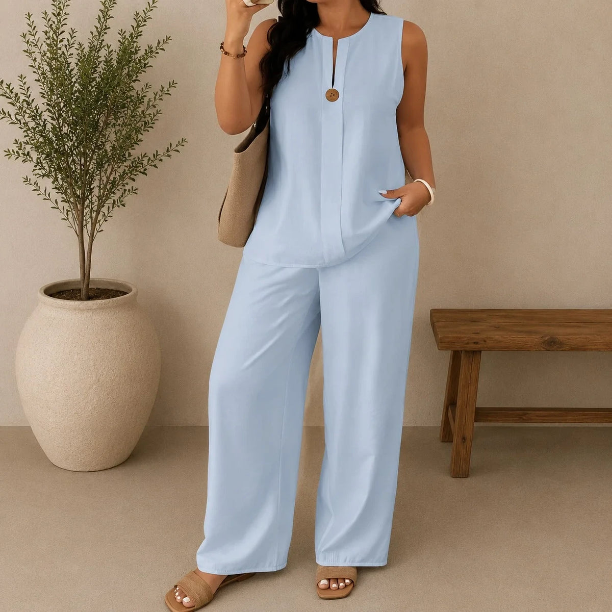 Conjunto Lucienne™ Blusa com Decote de Abertura Frontal e Calça Pantalona