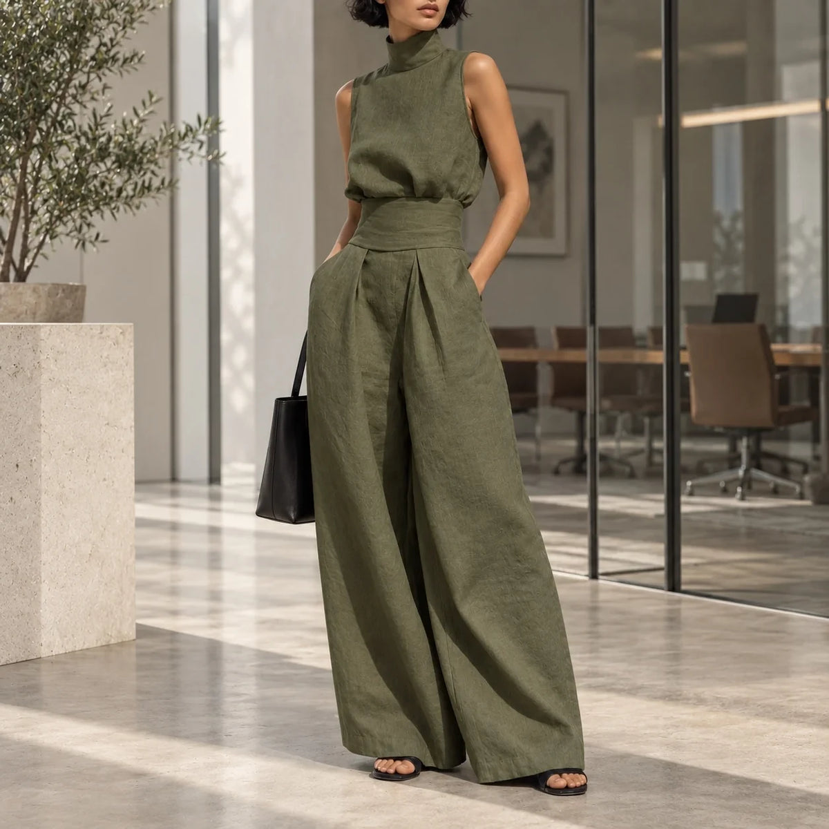 Conjunto Lysenne em Linho de Algodão com Gola Alta Drapeada e Pantalona Ampla