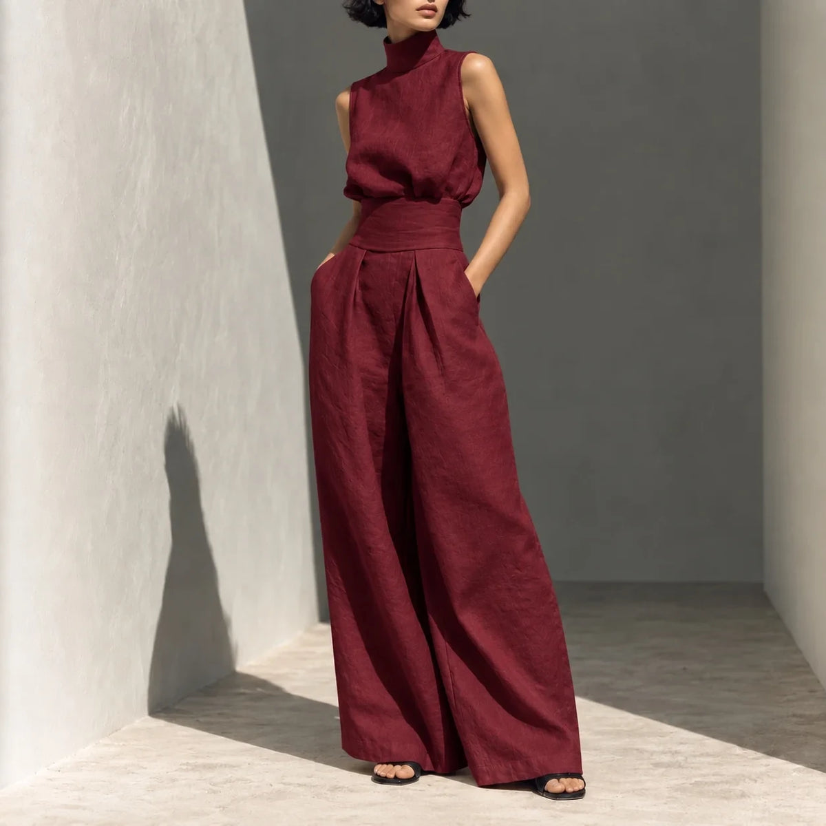 Conjunto Lysenne em Linho de Algodão com Gola Alta Drapeada e Pantalona Ampla