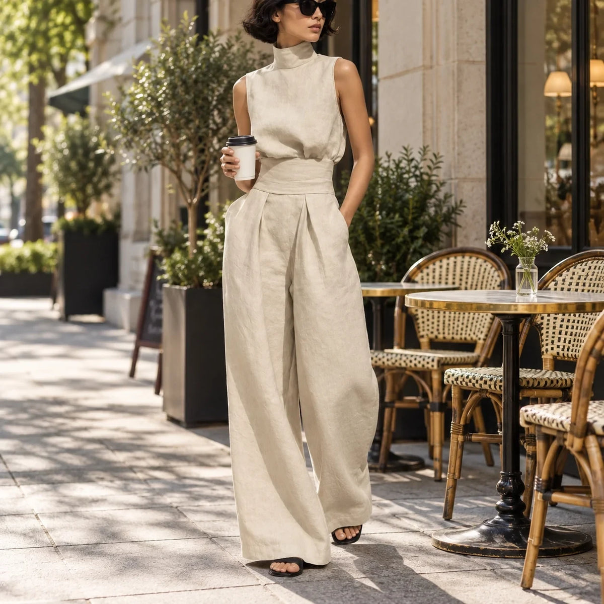 Conjunto Lysenne em Linho de Algodão com Gola Alta Drapeada e Pantalona Ampla