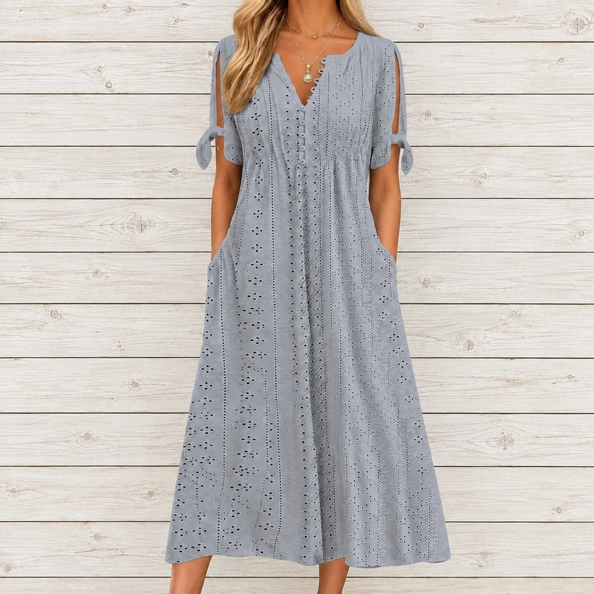 Vestido de Renda Jana - Gola em V de Manga Curta (Verão 2026)