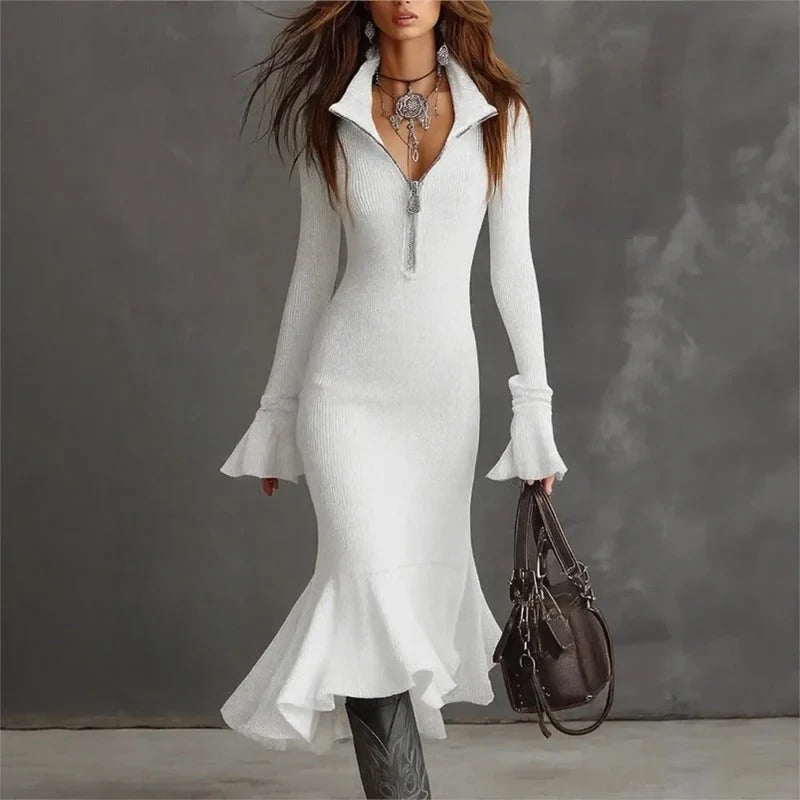 Vestido Evora Luxe Em Malha Canelada Com Zíper Frontal e Barra Sereia